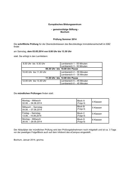 Informationen zur Bochum-Prüfung Sommer 2014 - ebz