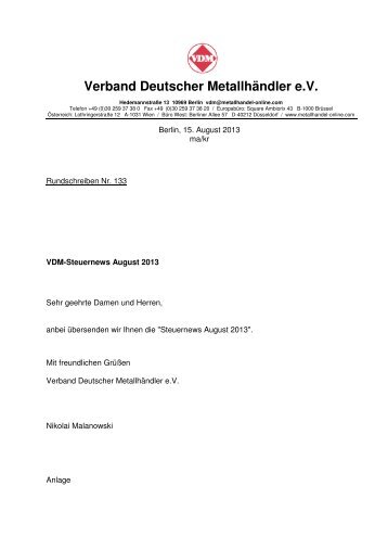 Nr. 133 VDM-Steuernews August 2013