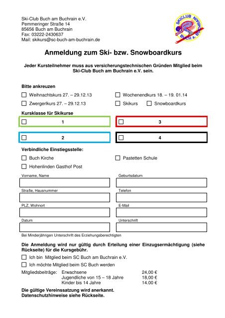 Anmeldeformular Ski Club Buch Am Buchrain