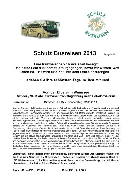 Schulz Busreisen 2013 Ausgabe 5 - Herzlich Willkommen bei ...