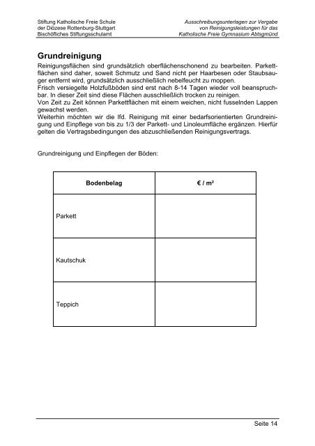 Ausschreibungsunterlagen zur Vergabe von Reinigungsleistungen