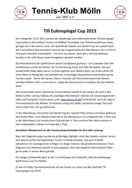 Bericht Eulenspiegel-Cup 2013 - TKM Tennis-Klub Mölln von 1897 eV