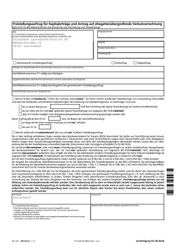 Freistellungsauftrag Volksbank Lauterbach-Schlitz eG (Einzelauftrag)