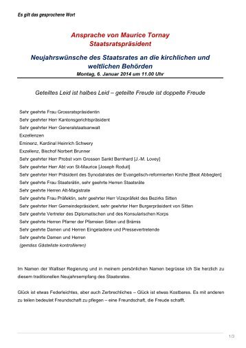 Ansprache von Maurice Tornay Staatsratspräsident ...