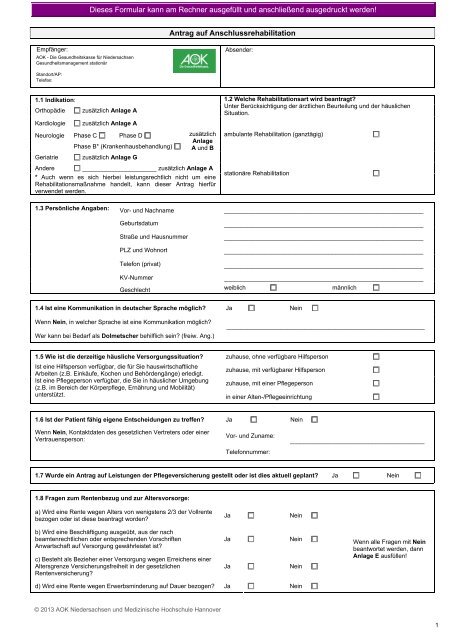 Antrag auf Anschlussrehabilitation  AOKGesundheitspartner
