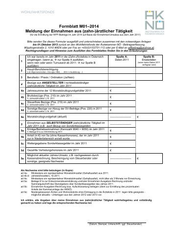 Formblatt M01–2014 Meldung der Einnahmen aus (zahn-)ärztlicher ...