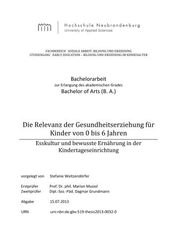 Die Relevanz der Gesundheitserziehung fòr Kinder von 0 bis 6 Jahren