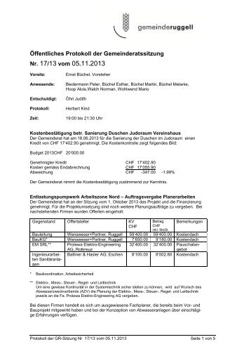 Öffentliches Protokoll der Gemeinderatssitzung Nr. 17/13 vom 05.11 ...