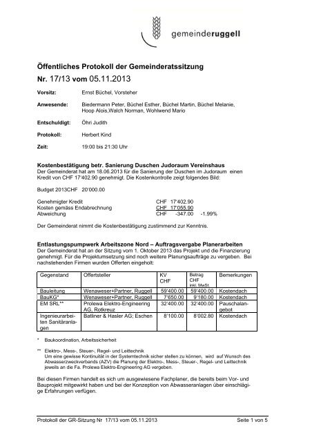 Öffentliches Protokoll der Gemeinderatssitzung Nr. 17/13 vom 05.11 ...