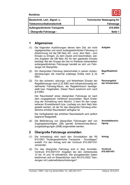 1 Allgemeines 2 Übergroße Fahrzeuge anmelden - DB Netz AG