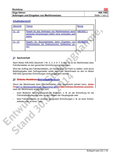 Entwurf zur Stellungnahme, Stand 30.01.2014 - DB Netz AG