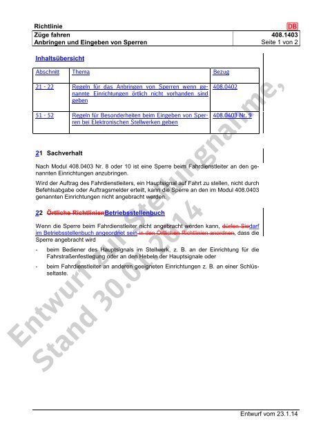 Entwurf zur Stellungnahme, Stand 30.01.2014 - DB Netz AG