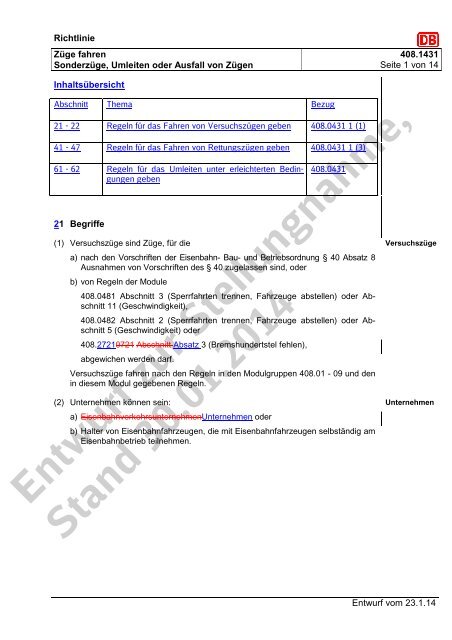 Entwurf zur Stellungnahme, Stand 30.01.2014 - DB Netz AG