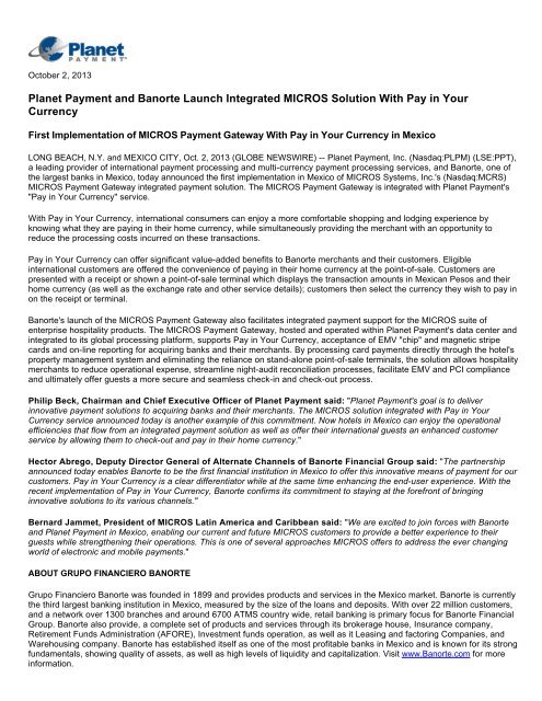 Planet Payment and Banorte Launch Integrated MICROS Solution ...