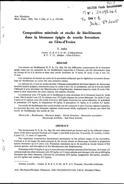Composition minérale et stocks de bioéléments dans la ... - IRD