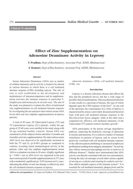Effect of Zinc Supplementation on Adenosine Deaminase ... - medIND