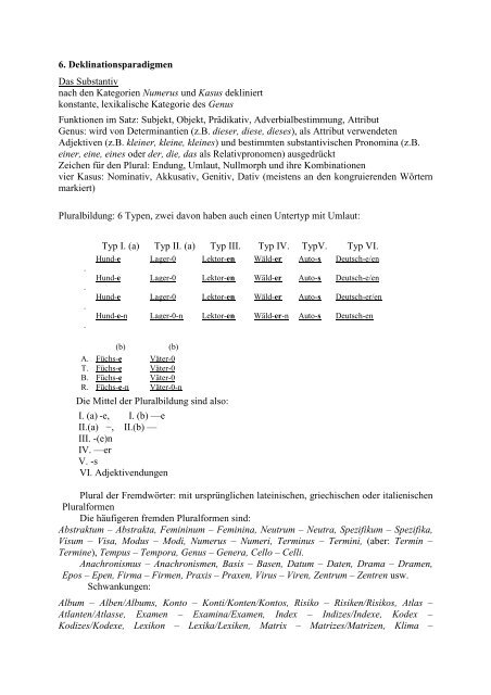 6. Deklinationsparadigmen Das Substantiv nach den Kategorien ...