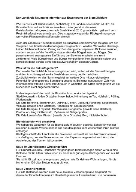 Informationen zur Erweiterung der Biomüllabfuhr ... - Postbauer-Heng