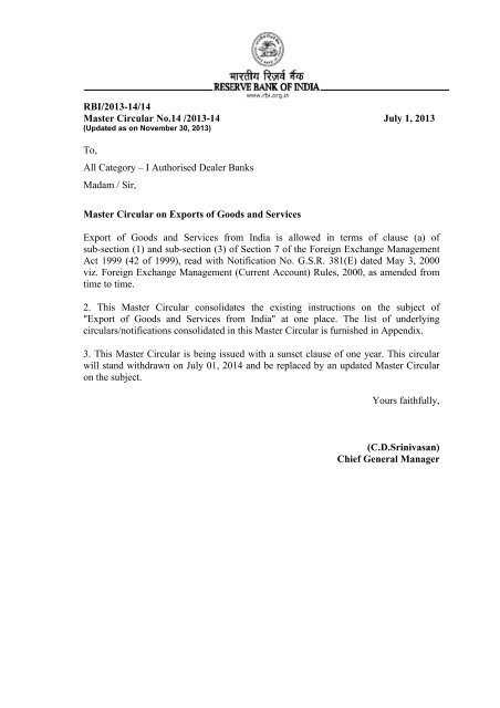 Master Circular on Exports of Goods and Services - RBI Website