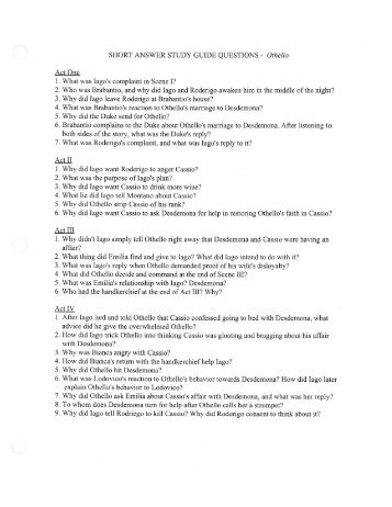 SHORT ANSWER STUDY GUIDE QUESTIONS - Othello