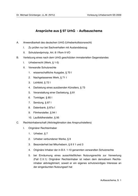 Ansprüche aus § 97 UrhG - Aufbauschema