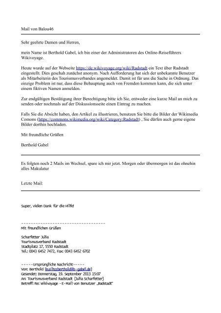 Mail von Balou46 Sehr geehrte Damen und Herren, mein Name ist ...