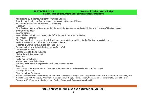 SURVIVAL - Rucksack Liste 1 - Wake News