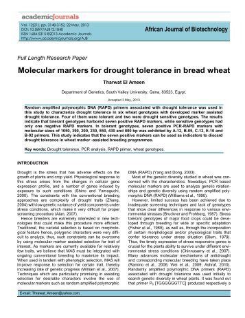 Molecular markers for drought tolerance in bread wheat - Academic ...