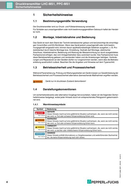 Drucktransmitter LHC-M51, PPC-M51 - Pepperl+Fuchs