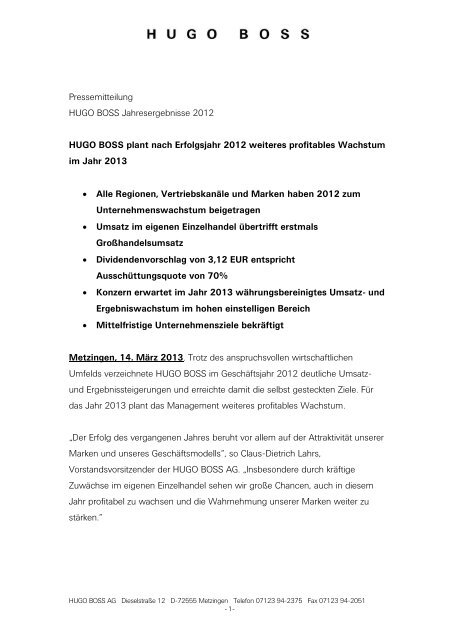 Jahresergebnisse 2012 - HUGO BOSS AG