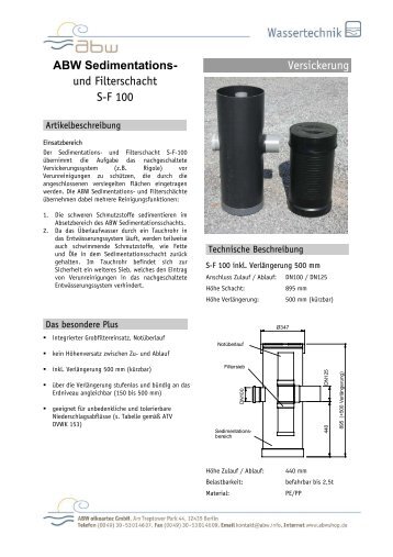 Datenblatt Sedimentations und Filterschacht