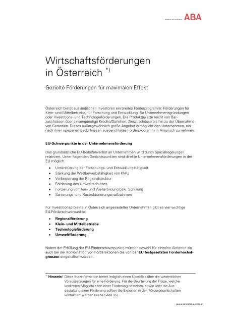 Wirtschaftsförderungen in Österreich - Advantage Austria