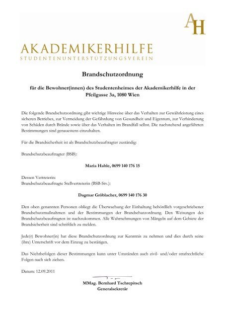 Brandschutzordnung Pfeilgasse 3a (deutsch) - bei Akademikerhilfe