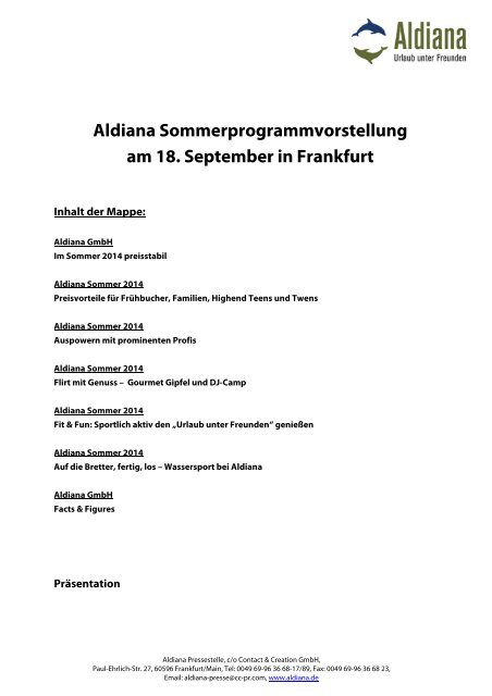 Aldiana Sommerprogrammvorstellung am 18. September in Frankfurt