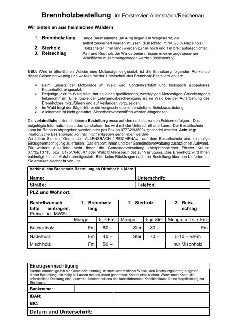 Brennholzbestellung im Forstrevier Allensbach/Reichenau Datum ...