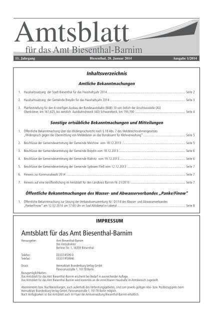 Amtsblatt 01/2014 11. Jahrgang - Amt Biesenthal-Barnim