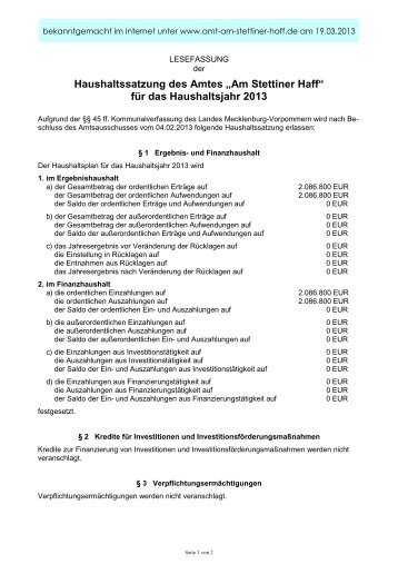 Haushaltssatzung 2013 - Amt am Stettiner Haff