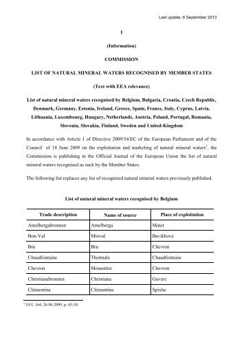 Liste natürlicher Mineralwässer aus dritten Ländern (37 Quellen)