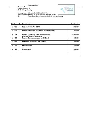 Nachtragsliste A 132 1 Posten: Profile Alu & PVC 200,00 € A 133 1 ...