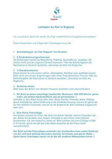 Anmeldeunterlagen Au Pair England - Auszeit-weltweit