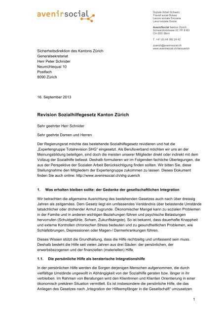 Brief an Begleitgruppe SHG-Revision - AvenirSocial