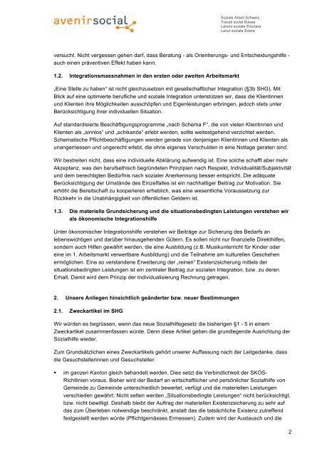 Brief an Begleitgruppe SHG-Revision - AvenirSocial