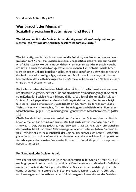 i Sozialhilfe zwischen Bedürfnissen und Bedarf - AvenirSocial