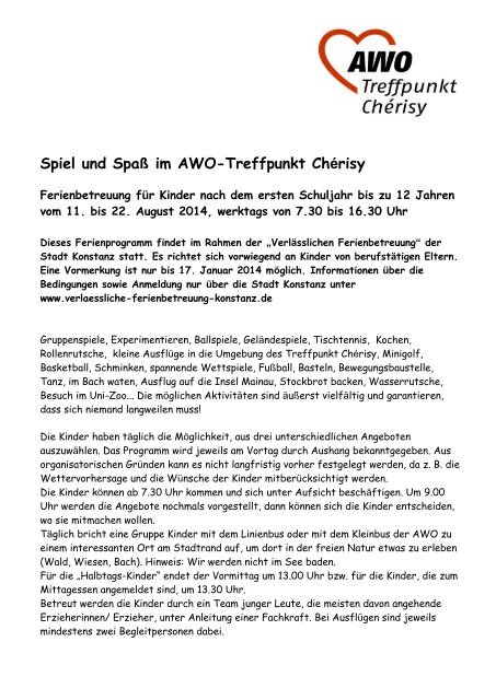 Spiel und Spaß im AWO-Treffpunkt Chérisy