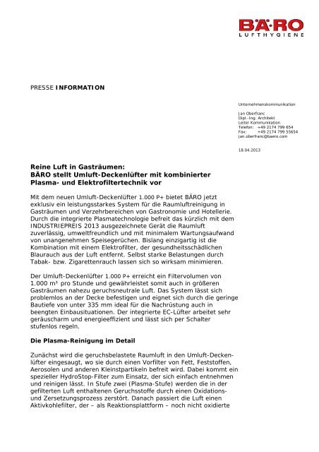 Reine Luft in Gasträumen - Bäro GmbH & Co. KG