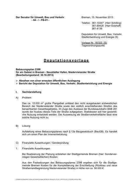 Bebauungsplan 2398 für ein Gebiet in Bremen - Neustädter Hafen