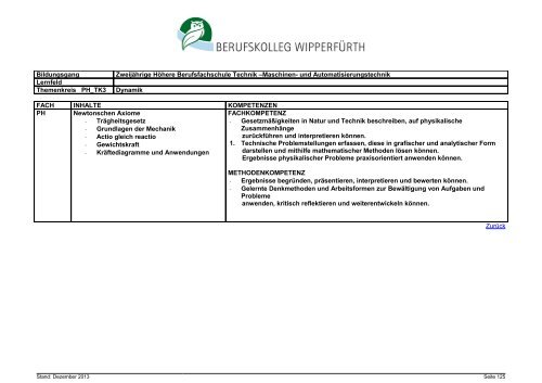 Zweijährige Höhere Berufsfachschule Technik, Schwerpunkt Maschi