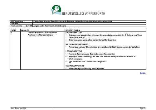 Zweijährige Höhere Berufsfachschule Technik, Schwerpunkt Maschi