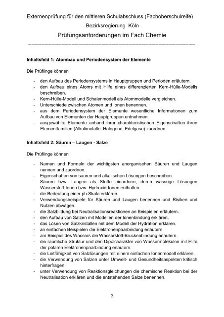 (Fachoberschulreife): Chemie - Bezirksregierung Köln
