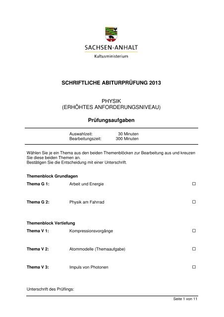 SCHRIFTLICHE ABITURPRÜFUNG 2013 PHYSIK (ERHÖHTES ...